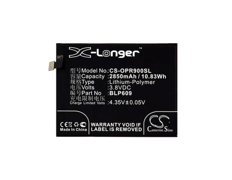 3.8V, Li-Polymer, 2850mAh, SmartPhone battery fits Oppo, Blp609, F1 Plus, R9, 10.83Wh Mobile, SmartPhone Cameron Sino Technology Limited (Smartphone)