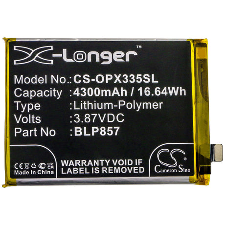 3.87V, Li-Polymer, 4300mAh, SmartPhone battery fits Oppo, Blp857, Realme Gt Neo, Realme Gt Neo 5g 2021, 16.64Wh Mobile, SmartPhone Cameron Sino Technology Limited (Smartphone)