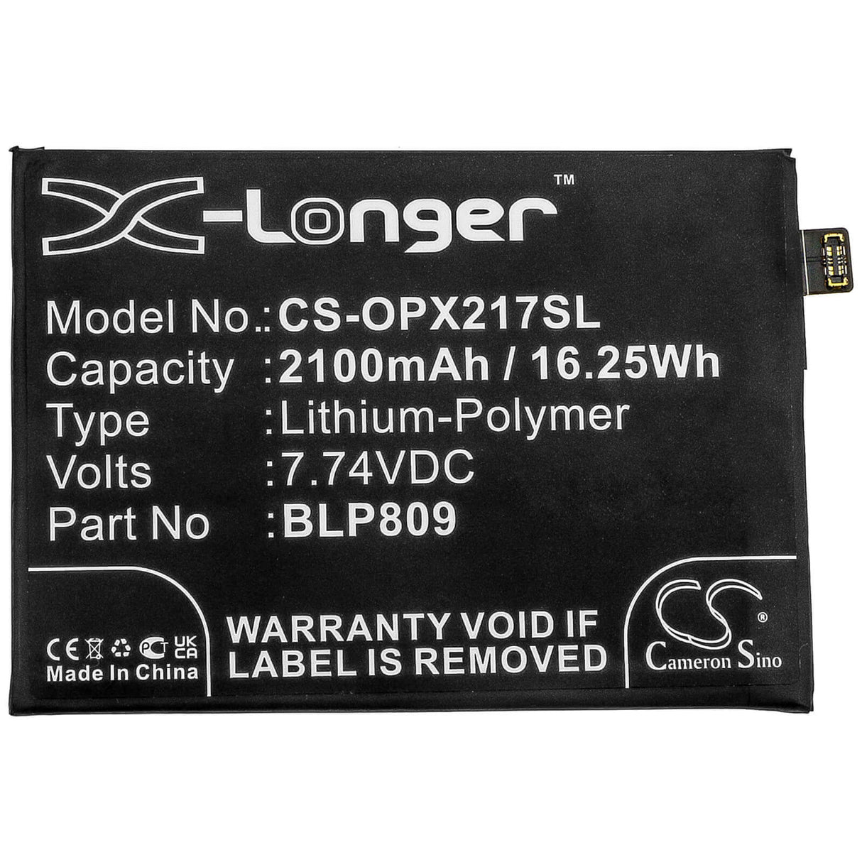 7.74V, Li-Polymer, 2100mAh, SmartPhone battery fits Oppo, Blp809, Realme Q2 Pro, Rmx2173, 16.25Wh Mobile, SmartPhone Cameron Sino Technology Limited (Smartphone)