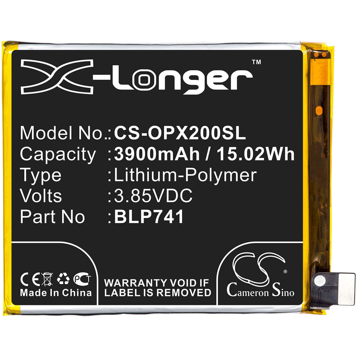3.85V, Li-Polymer, 3900mAh, SmartPhone battery fits Oppo, Blp741, Realme X2, 15.02Wh Mobile, SmartPhone Cameron Sino Technology Limited (Smartphone)