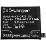 7.7V, Li-Polymer, 2050mAh, SmartPhone battery fits Oppo, Blp777, Realme X50 Pro 5g, Rmx2072, 15.79Wh Mobile, SmartPhone Cameron Sino Technology Limited (Smartphone)
