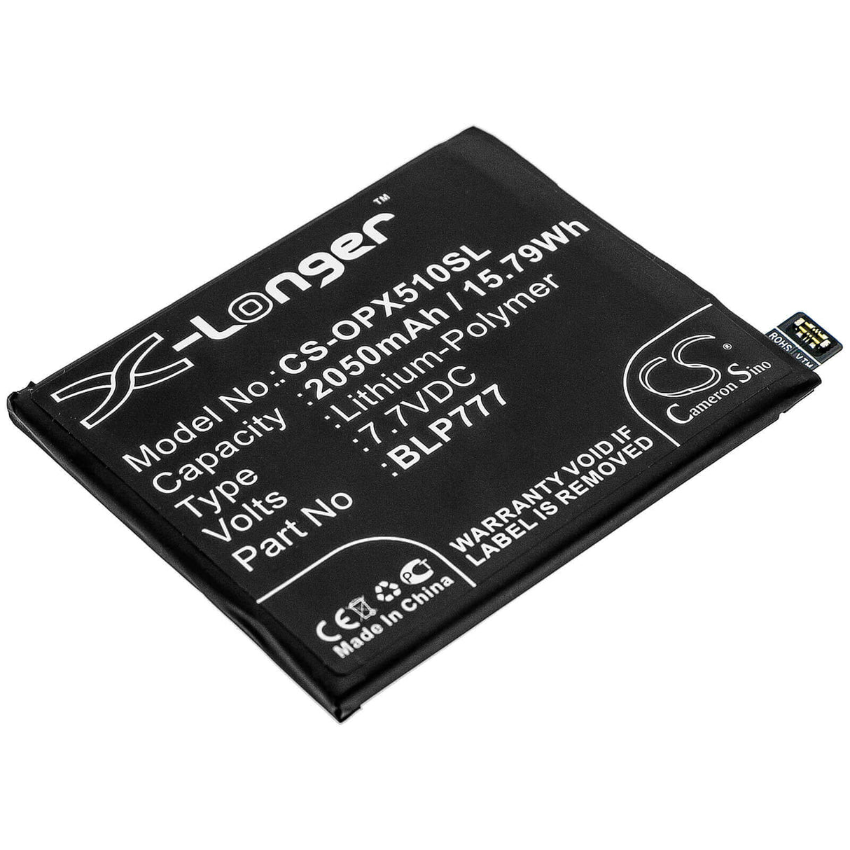 7.7V, Li-Polymer, 2050mAh, SmartPhone battery fits Oppo, Blp777, Realme X50 Pro 5g, Rmx2072, 15.79Wh Mobile, SmartPhone Cameron Sino Technology Limited (Smartphone)