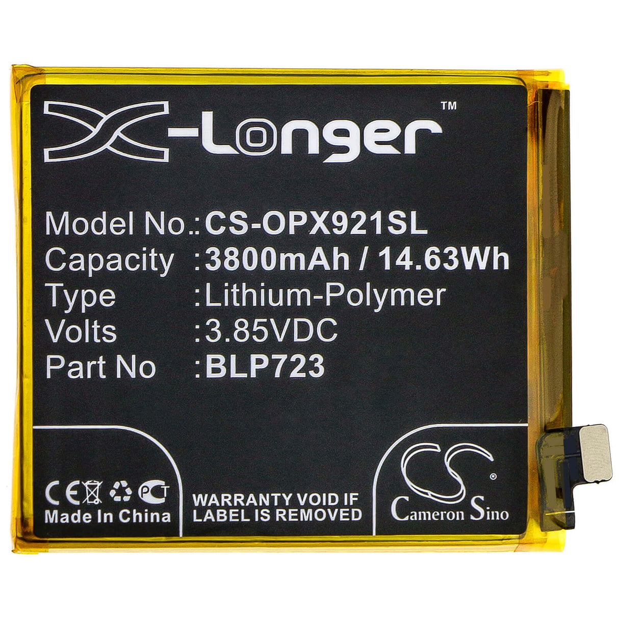 3.85V, Li-Polymer, 3800mAh, SmartPhone battery fits Oppo, Blp723, Realme Xt, Rmx1921, 14.63Wh Mobile, SmartPhone Cameron Sino Technology Limited (Smartphone)