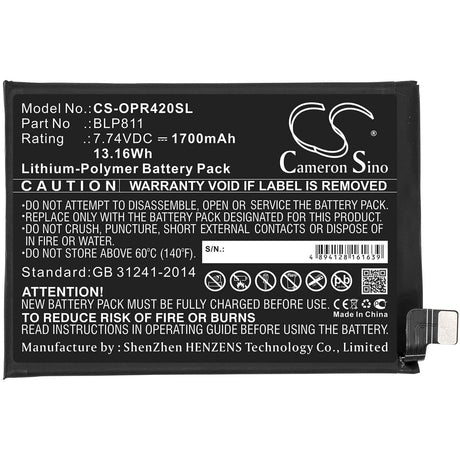 7.74V, Li-Polymer, 1700mAh, SmartPhone battery fits Oppo, Blp811, Reno4 Se, Reno5, 13.16Wh Mobile, SmartPhone Cameron Sino Technology Limited (Smartphone)