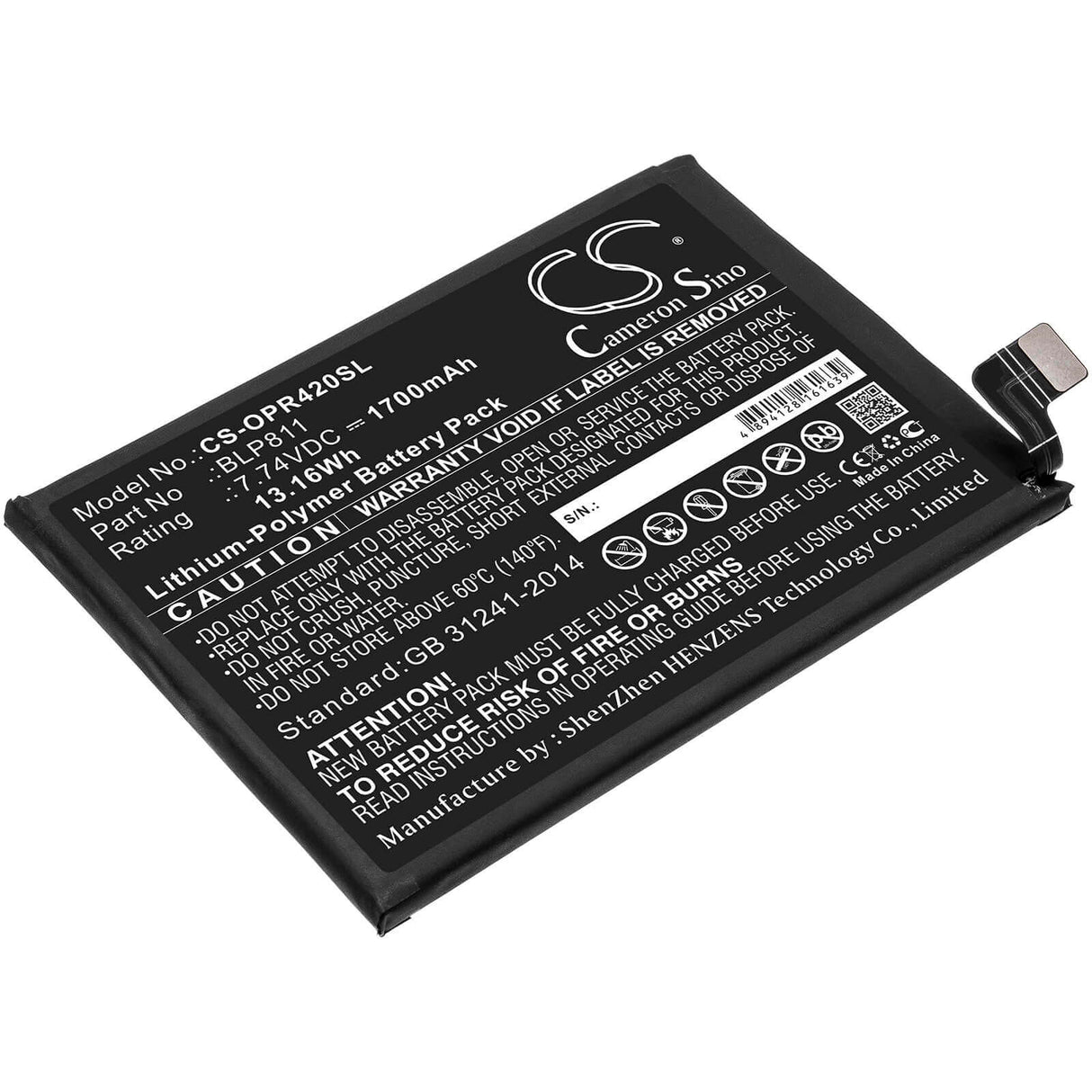 7.74V, Li-Polymer, 1700mAh, SmartPhone battery fits Oppo, Blp811, Reno4 Se, Reno5, 13.16Wh Mobile, SmartPhone Cameron Sino Technology Limited (Smartphone)