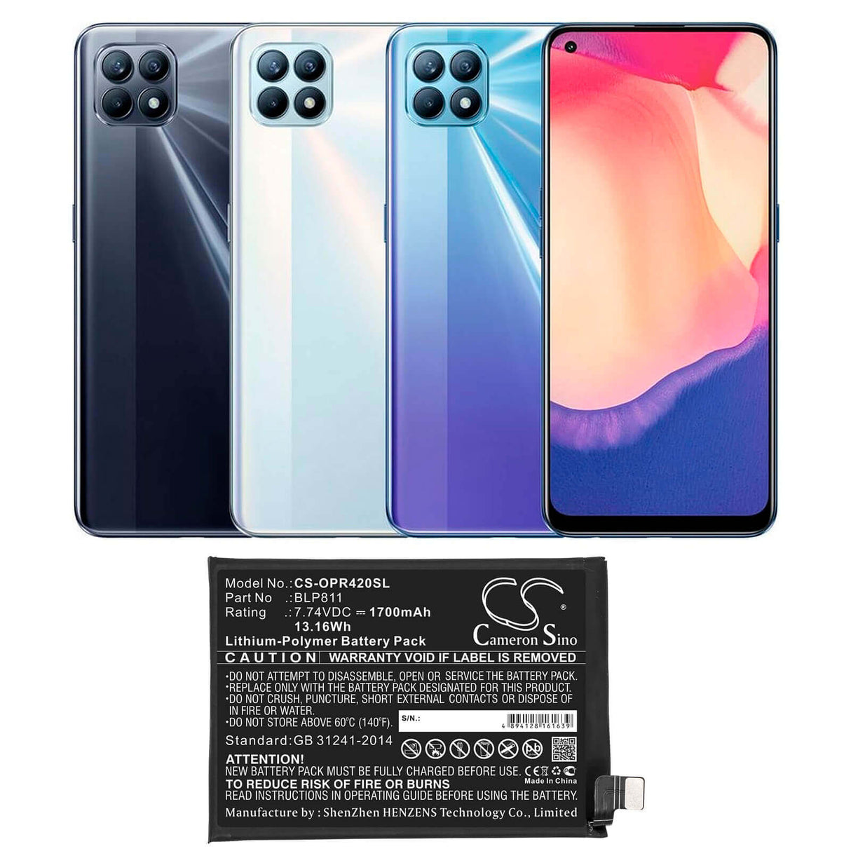 7.74V, Li-Polymer, 1700mAh, SmartPhone battery fits Oppo, Blp811, Reno4 Se, Reno5, 13.16Wh Mobile, SmartPhone Cameron Sino Technology Limited (Smartphone)