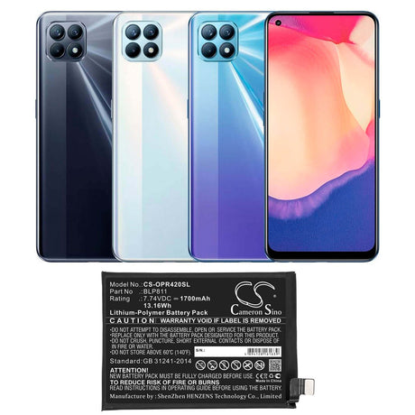 7.74V, Li-Polymer, 1700mAh, SmartPhone battery fits Oppo, Blp811, Reno4 Se, Reno5, 13.16Wh Mobile, SmartPhone Cameron Sino Technology Limited (Smartphone)