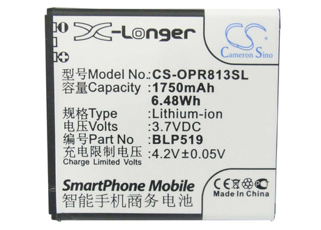3.7V, Li-ion, 1750mAh, SmartPhone battery fits Oppo, Blp519, 701t, R813t, 6.48Wh Mobile, SmartPhone Cameron Sino Technology Limited (Smartphone)