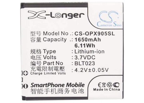 3.7V, Li-ion, 1650mAh, SmartPhone battery fits Oppo, Blt023, A91, R807, 6.11Wh Mobile, SmartPhone Cameron Sino Technology Limited (Smartphone)