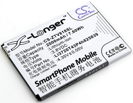 3.8V, Li-ion, 2000mAh, SmartPhone battery fits Orange, Zte, Li3720t43p4h825839, Reyo, 7.6Wh Mobile, SmartPhone Cameron Sino Technology Limited (Smartphone)