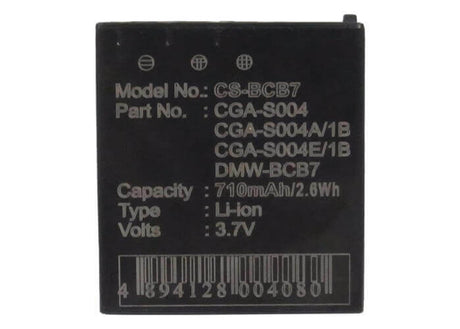 3.7V, Li-ion, 710mAh, Camera battery fits Panasonic, Cga-s004, Dmc-fx2b, Dmc-fx2ebs, 2.627Wh Camera Cameron Sino Technology Limited (Camera)