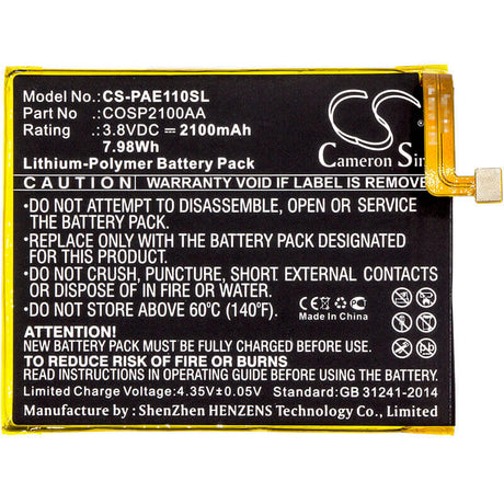 3.8V, Li-Polymer, 2100mAh, SmartPhone battery fits Panasonic, Cosp2100aa, Eluga A, Eluga S, 7.98Wh Mobile, SmartPhone Cameron Sino Technology Limited (Smartphone)