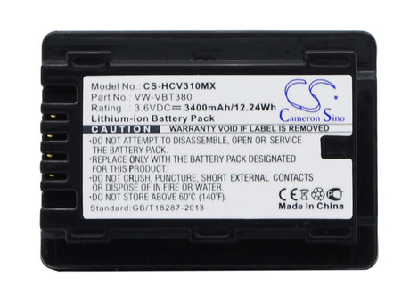 3.6V, Li-ion, 3400mAh, Camera battery fits Panasonic, Vw-vbt190, Hc-250eb, Hc-550eb, 12.24Wh Camera Cameron Sino Technology Limited (Camera)