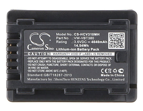 3.6V, Li-ion, 4040mAh, Camera battery fits Panasonic, Vw-vbt380, Hc-250eb, Hc-550eb, 14.544Wh Camera Cameron Sino Technology Limited (Camera)