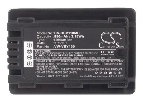3.7V, Li-ion, 850mAh, Camera battery fits Panasonic, Vw-vby100, Hc-v110, Hc-v110g, 3.145Wh Camera Cameron Sino Technology Limited (Camera)