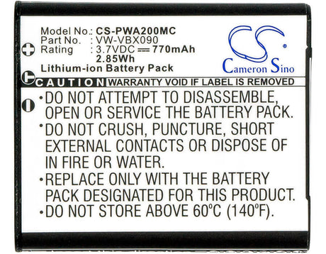 3.7V, Li-ion, 770mAh, Camera battery fits Panasonic, Vw-vbx090, Hx-wa03, Hx-wa03h, 2.849Wh Camera Cameron Sino Technology Limited (Camera)