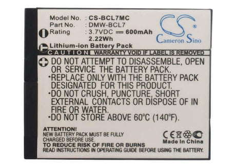 3.7V, Li-ion, 600mAh, Camera battery fits Panasonic, Dmw-bcl7, Lumix Dmc-f5, Lumix Dmc-f5k, 2.22Wh Camera Cameron Sino Technology Limited (Camera)