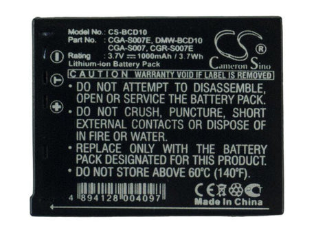 3.7V, Li-ion, 1000mAh, Camera battery fits Panasonic, Cga-s007, Lumix Dmc-tz1, Lumix Dmc-tz11, 3.7Wh Camera Cameron Sino Technology Limited (Camera)