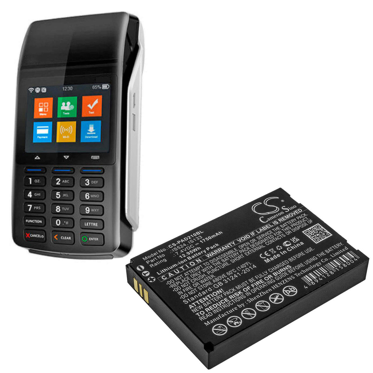 7.4V, Li-ion, 1750mAh, Payment Terminal battery fits Pax, Is133, D210, D210 Bluetooth, 12.95Wh Payment Terminal Cameron Sino Technology Limited