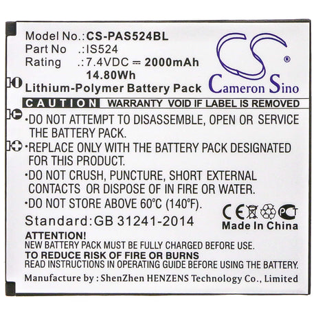 7.4V, Li-Polymer, 2000mAh, Payment Terminal battery fits Pax, Is524, D210, Is524, 14.80Wh Payment Terminal Cameron Sino Technology Limited