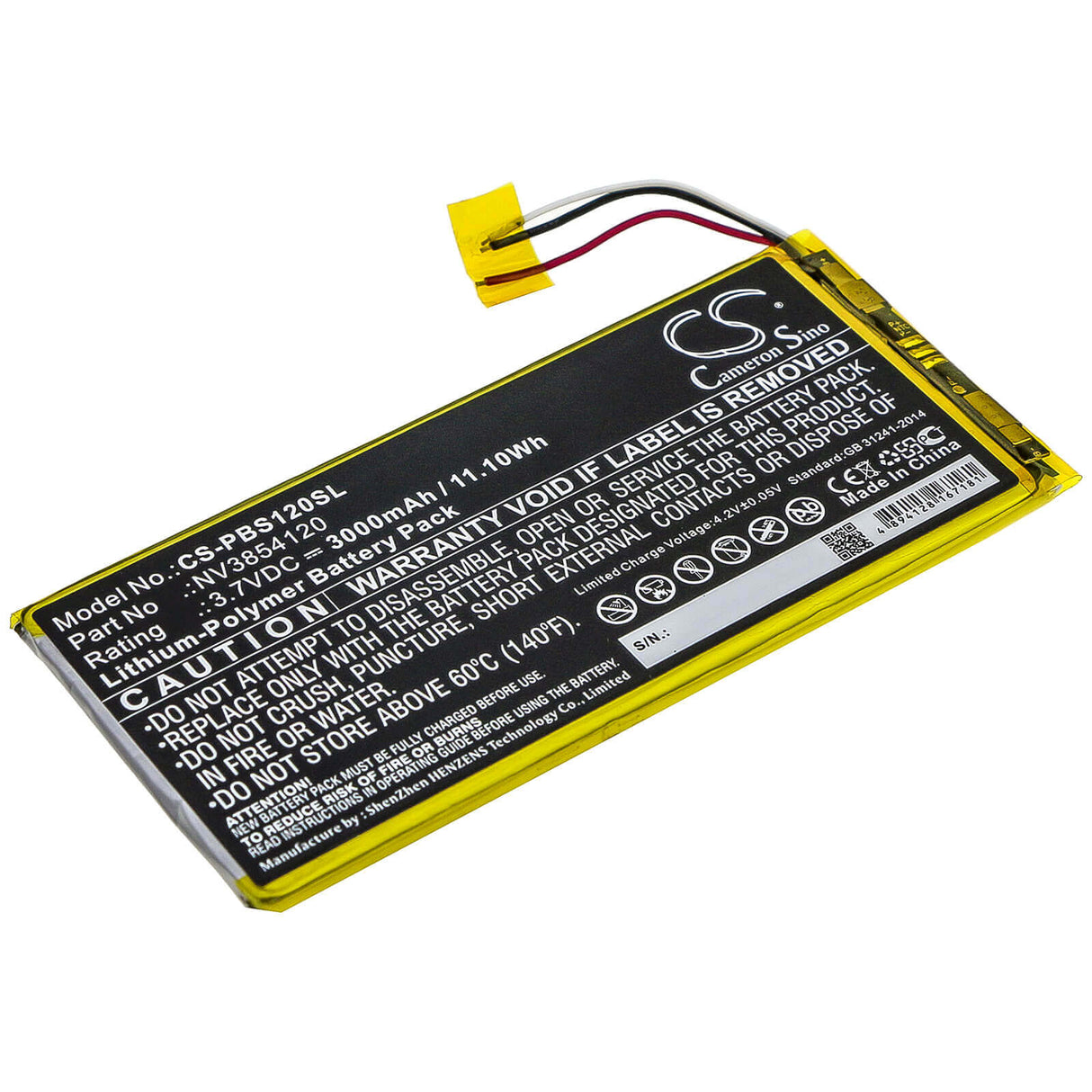 3.7V, Li-Polymer, 3000mAh, Tablet battery fits Pbs, Ematic, Nv3854120, Kids Pbskd12, Pbkrwm5410, 11.10Wh Tablet Cameron Sino Technology Limited