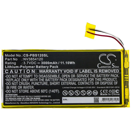 3.7V, Li-Polymer, 3000mAh, Tablet battery fits Pbs, Ematic, Nv3854120, Kids Pbskd12, Pbkrwm5410, 11.10Wh Tablet Cameron Sino Technology Limited
