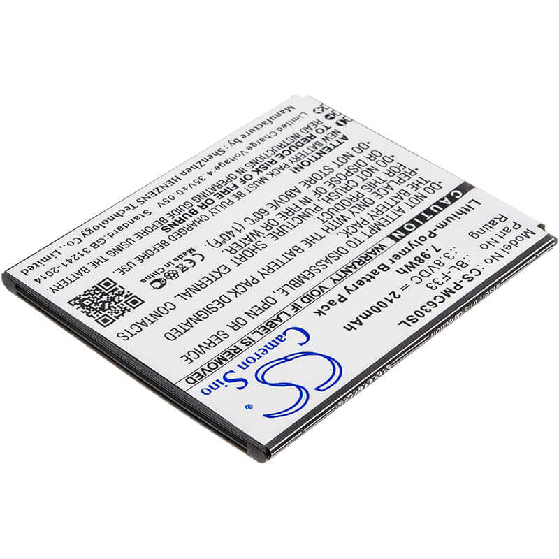 3.8V, Li-Polymer, 2100mAh, SmartPhone battery fits Phicomm, Bl-f33, C630, C630lv, 7.98Wh Mobile, SmartPhone Cameron Sino Technology Limited (Suspended)