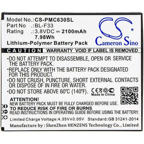 3.8V, Li-Polymer, 2100mAh, SmartPhone battery fits Phicomm, Bl-f33, C630, C630lv, 7.98Wh Mobile, SmartPhone Cameron Sino Technology Limited (Suspended)