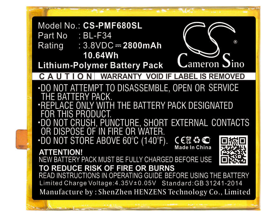 3.8V, Li-Polymer, 2800mAh, SmartPhone battery fits Phicomm, Bl-f34, F680l, Freecomm 2s, 10.64Wh Mobile, SmartPhone Cameron Sino Technology Limited (Smartphone)