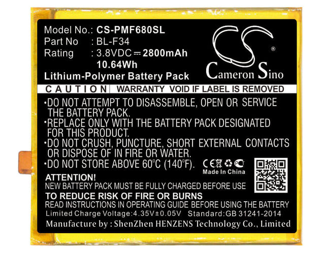 3.8V, Li-Polymer, 2800mAh, SmartPhone battery fits Phicomm, Bl-f34, F680l, Freecomm 2s, 10.64Wh Mobile, SmartPhone Cameron Sino Technology Limited (Smartphone)