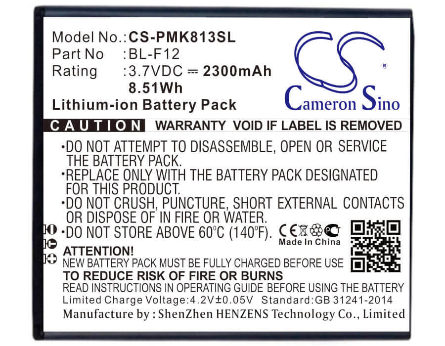 3.7V, Li-ion, 2300mAh, SmartPhone battery fits Phicomm, Bl-f12, I813 Dual Sim, I813w, 8.51Wh Mobile, SmartPhone Cameron Sino Technology Limited (Smartphone)