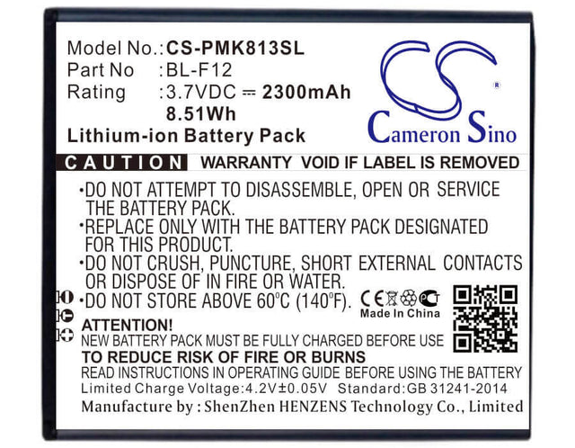3.7V, Li-ion, 2300mAh, SmartPhone battery fits Phicomm, Bl-f12, I813 Dual Sim, I813w, 8.51Wh Mobile, SmartPhone Cameron Sino Technology Limited (Smartphone)