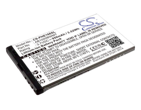 3.7V, Li-ion, 950mAh, SmartPhone battery fits Philips, Ab1000bwmt, Cte166, E166, 3.52Wh Mobile, SmartPhone Cameron Sino Technology Limited (Smartphone)
