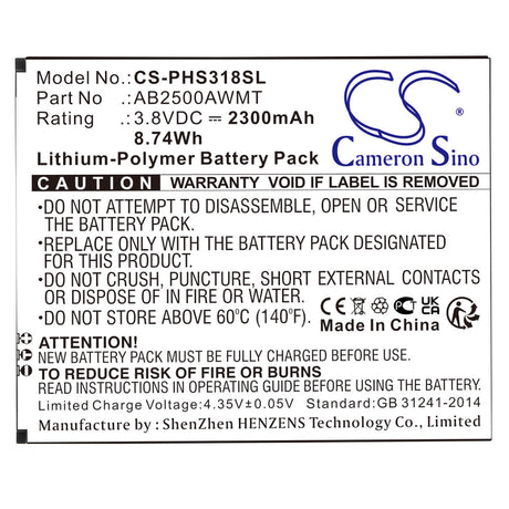 3.8V, Li-Polymer, 2300mAh, SmartPhone battery fits Philips, Ab2500awmt, Cts318, Xenium S318, 8.74Wh Mobile, SmartPhone Cameron Sino Technology Limited (Smartphone)