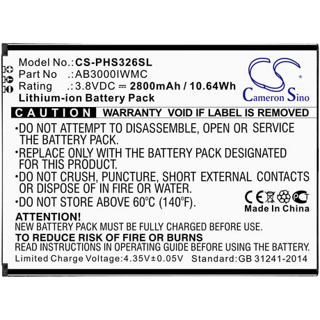 3.8V, Li-ion, 2800mAh, SmartPhone battery fits Philips, Ab3000iwmc, Cts326, Xenium S326, 10.64Wh Mobile, SmartPhone Cameron Sino Technology Limited (Smartphone)