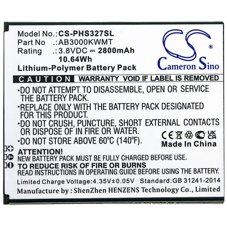 3.8V, Li-Polymer, 2800mAh, SmartPhone battery fits Philips, Ab3000kwmt, Cts327, Xenium S327, 10.64Wh Mobile, SmartPhone Cameron Sino Technology Limited (Smartphone)