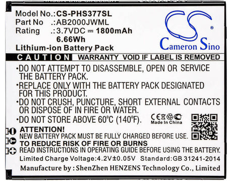 3.7V, Li-ion, 1800mAh, SmartPhone battery fits Philips, Ab2000jwml, Cts337, Xenium S337, 6.66Wh Mobile, SmartPhone Cameron Sino Technology Limited (Smartphone)