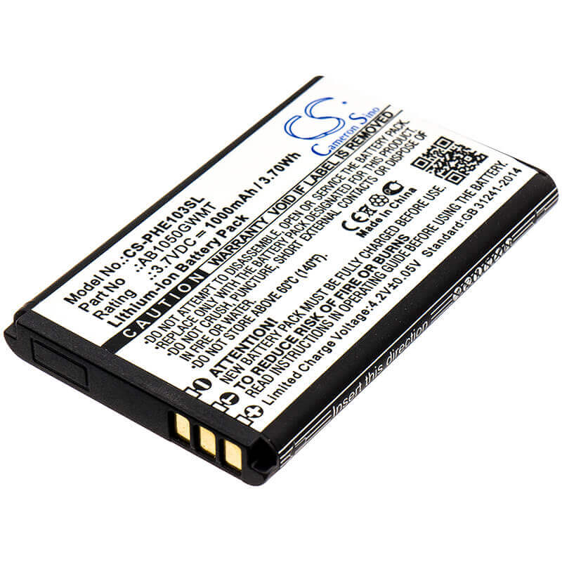 3.7V, Li-ion, 1000mAh, SmartPhone battery fits Philips, Ab1050gwmt, E103, E106, 3.7Wh Mobile, SmartPhone Cameron Sino Technology Limited (Smartphone)