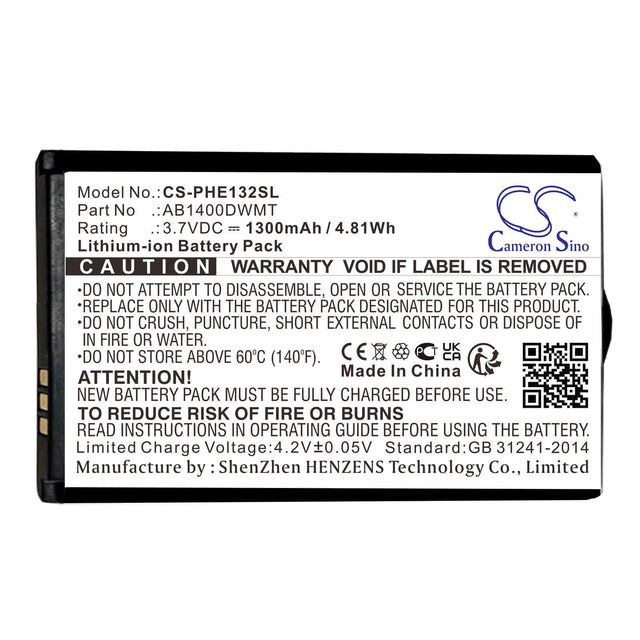 3.7V, Li-ion, 1300mAh, SmartPhone battery fits Philips, Ab1400dwmt, E132, E132x, 4.81Wh Mobile, SmartPhone Cameron Sino Technology Limited (Smartphone)