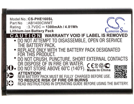 3.7V, Li-ion, 1300mAh, SmartPhone battery fits Philips, Ab1400cwmt, E160, Xenium E160, 4.81Wh Mobile, SmartPhone Cameron Sino Technology Limited (Smartphone)