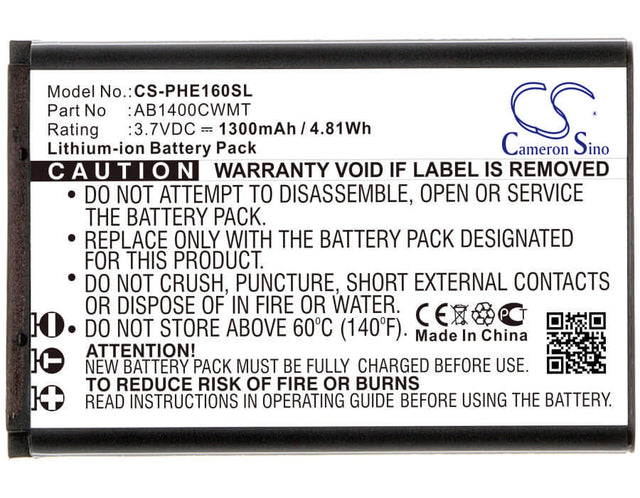 3.7V, Li-ion, 1300mAh, SmartPhone battery fits Philips, Ab1400cwmt, E160, Xenium E160, 4.81Wh Mobile, SmartPhone Cameron Sino Technology Limited (Smartphone)