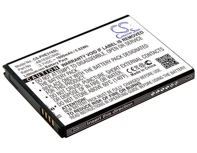 3.7V, Li-ion, 1600mAh, SmartPhone battery fits Philips, Ab1630cwml, E310, X2560, 5.92Wh Mobile, SmartPhone Cameron Sino Technology Limited (Smartphone)