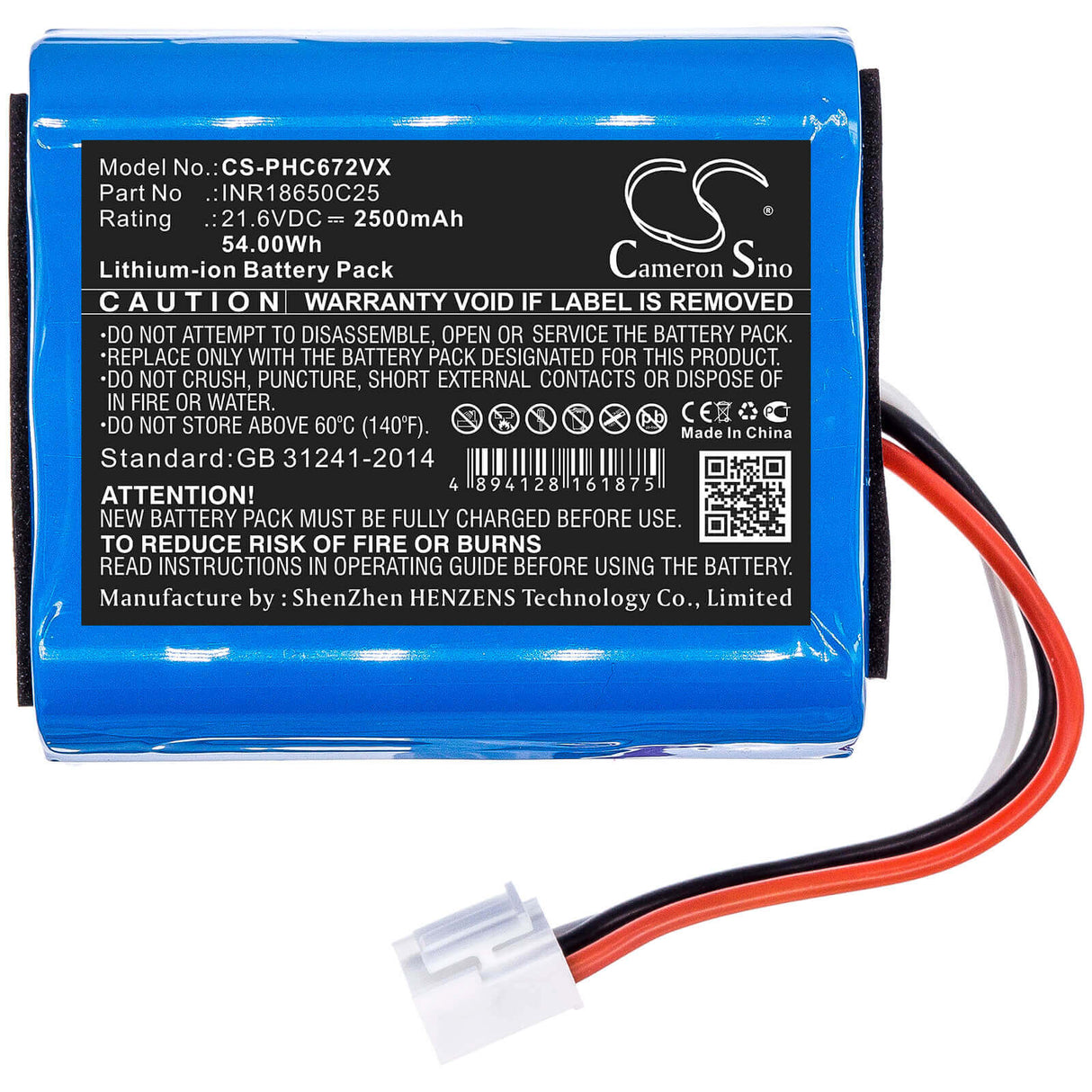 21.6V, Li-ion, 2500mAh, Vacuum battery fits Philips, Fc6721, Fc6721/01, Fc6721-01, 54.00Wh Vacuum Cameron Sino Technology Limited