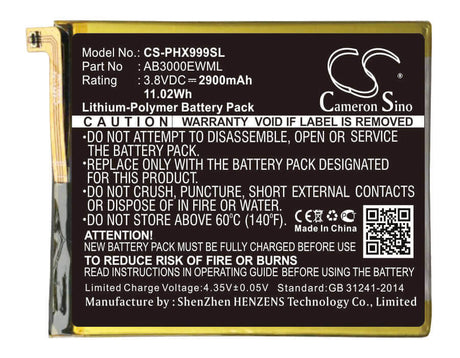 3.8V, Li-Polymer, 2900mAh, SmartPhone battery fits Philips, Ab3000ewml, I999, Xenium I999, 11.02Wh Mobile, SmartPhone Cameron Sino Technology Limited (Smartphone)
