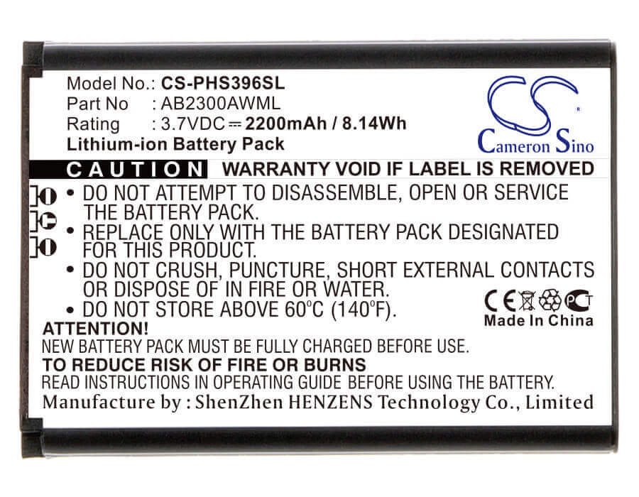 3.7V, Li-ion, 2200mAh, SmartPhone battery fits Philips, Ab2300awml, S396, Xenium S396, 8.14Wh Mobile, SmartPhone Cameron Sino Technology Limited (Smartphone)