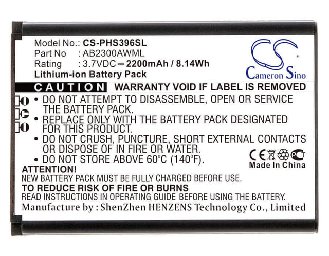 3.7V, Li-ion, 2200mAh, SmartPhone battery fits Philips, Ab2300awml, S396, Xenium S396, 8.14Wh Mobile, SmartPhone Cameron Sino Technology Limited (Smartphone)
