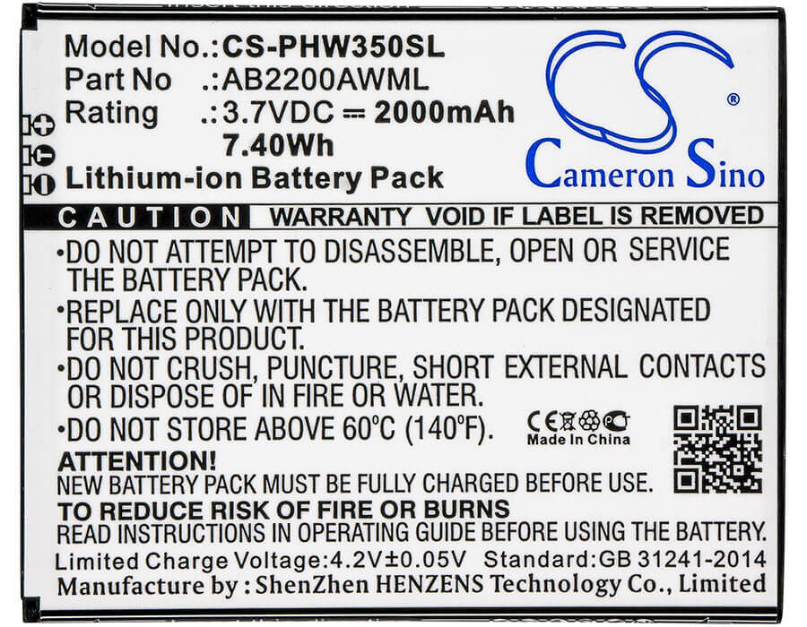 3.7V, Li-ion, 2000mAh, SmartPhone battery fits Philips, Ab2200awml, W3500, W3509, 7.4Wh Mobile, SmartPhone Cameron Sino Technology Limited (Smartphone)