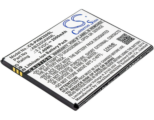 3.7V, Li-ion, 2000mAh, SmartPhone battery fits Philips, Ab2200awml, W3500, W3509, 7.4Wh Mobile, SmartPhone Cameron Sino Technology Limited (Smartphone)