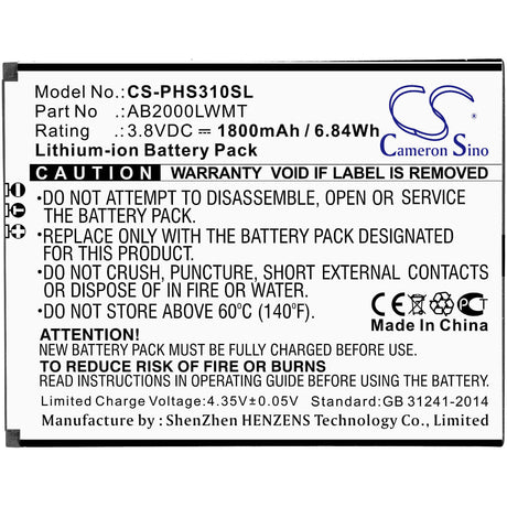 3.8V, Li-ion, 1800mAh, SmartPhone battery fits Philips, Ab2000lwmt, Xenium Cts310x, Xenium S310x, 6.84Wh Mobile, SmartPhone Cameron Sino Technology Limited (Smartphone)