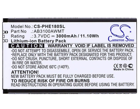 3.7V, Li-ion, 3000mAh, SmartPhone battery fits Philips, Ab3100awmc, Cte180bk, Cte180bk/00, 11.1Wh Mobile, SmartPhone Cameron Sino Technology Limited (Smartphone)
